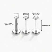 Set de 3 anillos nasales/pendientes de acero inoxidable hipoalergénico 16G con CZ transparente incrustado, rosca interna, para perforación de labio, cartílago, oreja, nariz, para mujeres y hombres, en colores rojo, azul y rosa de 3mm, 4mm y 5mm