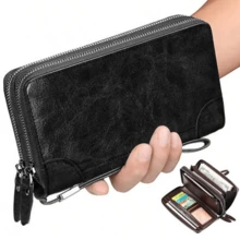 CUIKCA Ví Da Sáp Dầu Dây Kéo Đôi Ly Hợp Điện Thoại Da Dài Ví Cầm Tay Kinh Doanh Túi Cầm Tay Đựng Thẻ Ví Du Lịch Dành Cho Nam - màu đen - Xem 2