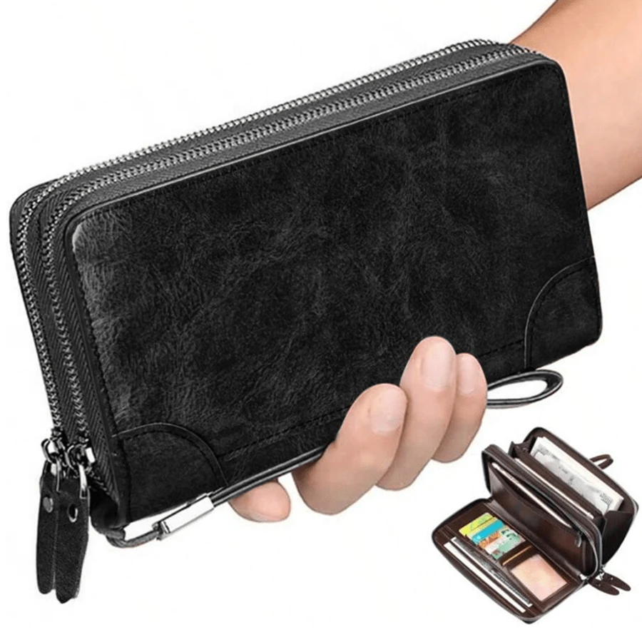 CUIKCA Ví Da Sáp Dầu Dây Kéo Đôi Ly Hợp Điện Thoại Da Dài Ví Cầm Tay Kinh Doanh Túi Cầm Tay Đựng Thẻ Ví Du Lịch Dành Cho Nam