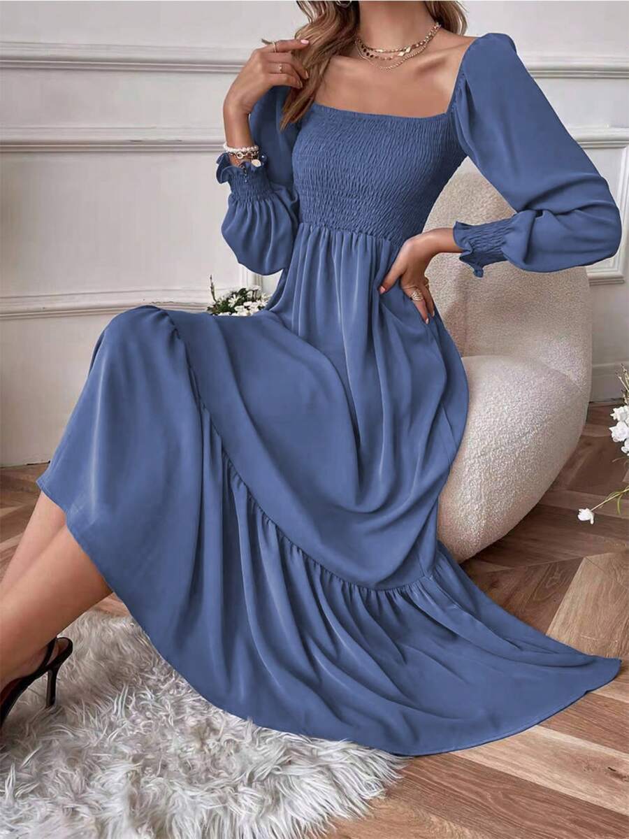 Women's Square Neck Shirred Ruffle Hem Long Sleeve Maxi Dress - Xám - Xem 1