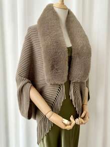 1 pieza Capa suelta de punto con cuello esponjoso para mujer, accesorio tipo poncho