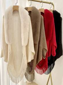 1 pieza Capa suelta de punto con cuello esponjoso para mujer, accesorio tipo poncho