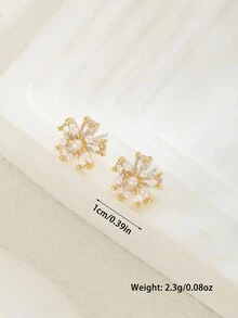 一对金色花朵耳钉，饰以仿珍珠和透明立方氧化锆，优雅的新娘伴娘首饰，适合婚礼派对和日常佩戴。 - 金黃色 - 查看 4