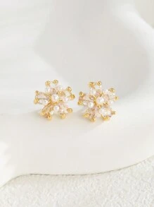 一对金色花朵耳钉，饰以仿珍珠和透明立方氧化锆，优雅的新娘伴娘首饰，适合婚礼派对和日常佩戴。 - 金黃色 - 查看 2