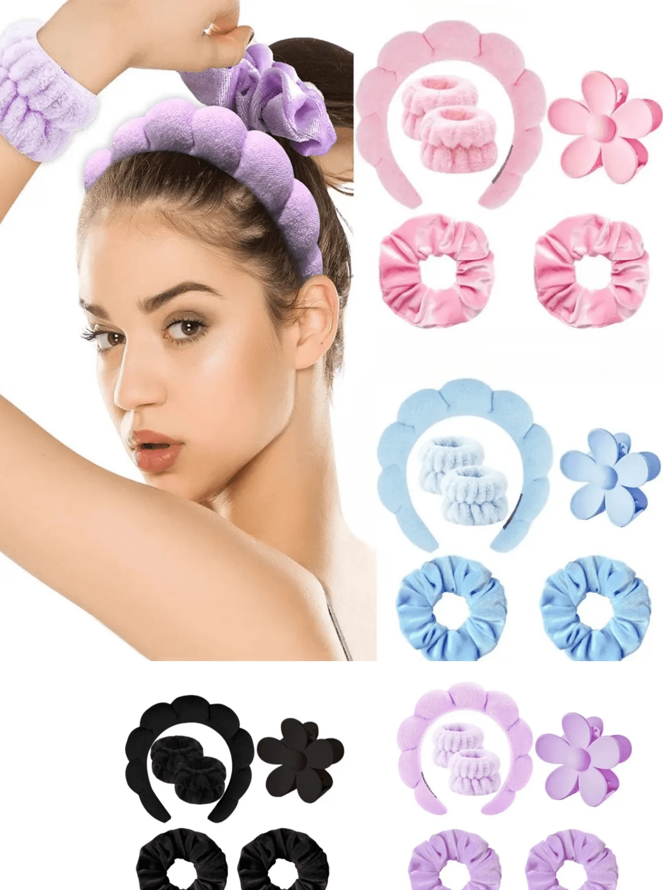 1 套多巴胺时尚弹性彩色发带发圈花形发饰握把适合女孩日常派对礼物 2024 1 套 Spa 头带和腕带套装护肤头带用于洗脸面部发夹适合浓密头发可爱蓬松海绵泡泡妆，蝴蝶结头带天鹅绒大环哑光哑光握夹粉色系列蓝色系列黑色系列造型工具套装 SPA PA 发带套装头带发箍爪夹天鹅绒发箍腕带用于洗脸护肤化妆 - 彩色 - 查看 1