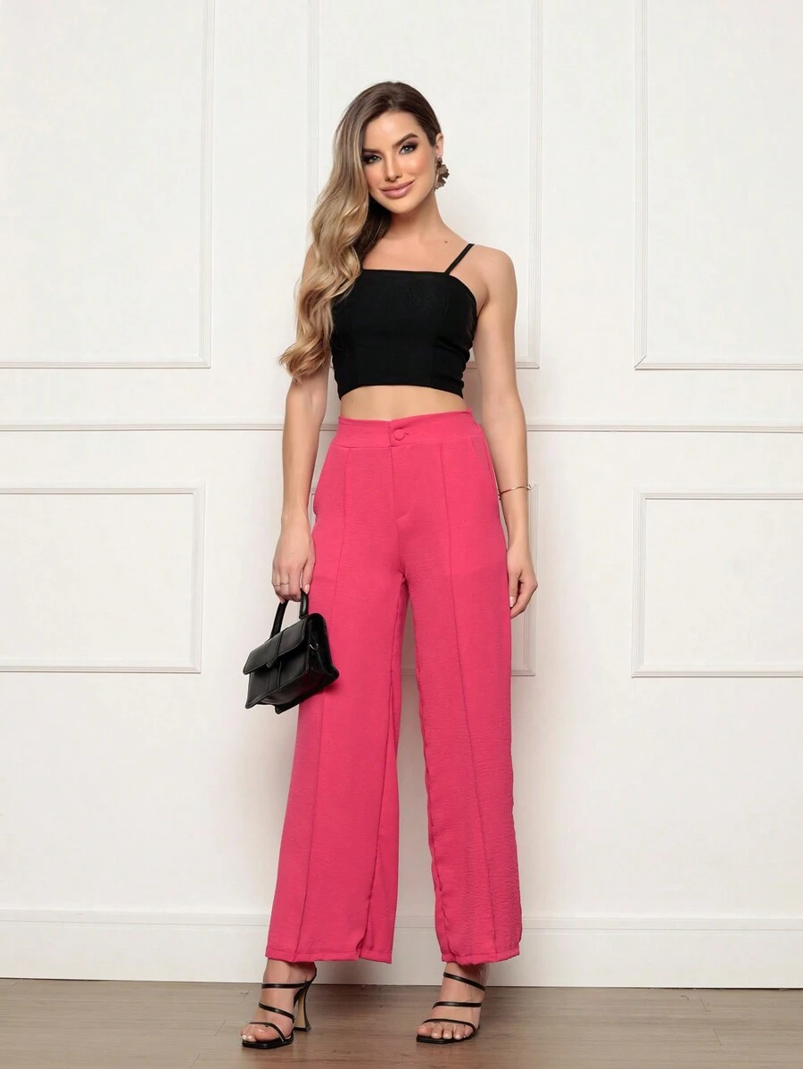 Women's Wide Leg Pants High Waist Does Not Wrinkle With Pockets Pantalona Tailoring - 玫紅色 - 查看 1