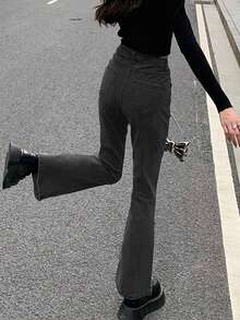 纯色高腰喇叭牛仔裤，休闲黑色，春季款 - 黑色 - 查看 4