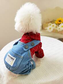 1pc Pet Dog Plaid Bib Dungarees Jumpsuit Coverall For Autumn And Winter Pet Clothes - Red - View 6