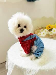 1pc Pet Dog Plaid Bib Dungarees Jumpsuit Coverall For Autumn And Winter Pet Clothes - Red - View 3