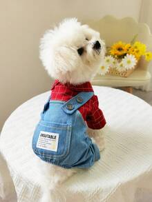 1pc Pet Dog Plaid Bib Dungarees Jumpsuit Coverall For Autumn And Winter Pet Clothes - Red - View 4