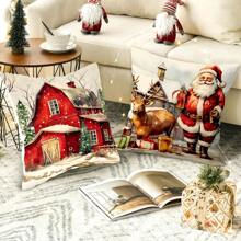 4pcs Christmas Themed Pillow Covers, Merry Christmas, Vintage Style, Santa Claus, Snowman, Red Car, Red House Decor Cushion Covers, For Christmas Living Room Bedroom Sofa Decoration, Pillow Inserts Not Included, Halloween, Halloween Decoration - Style a - View 4