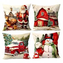 4pcs Christmas Themed Pillow Covers, Merry Christmas, Vintage Style, Santa Claus, Snowman, Red Car, Red House Decor Cushion Covers, For Christmas Living Room Bedroom Sofa Decoration, Pillow Inserts Not Included, Halloween, Halloween Decoration - Style a - View 3