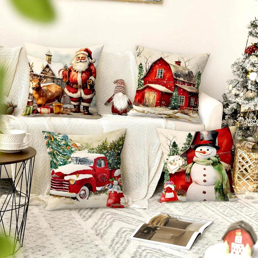 4pcs Christmas Themed Pillow Covers, Merry Christmas, Vintage Style, Santa Claus, Snowman, Red Car, Red House Decor Cushion Covers, For Christmas Living Room Bedroom Sofa Decoration, Pillow Inserts Not Included, Halloween, Halloween Decoration - Style a - View 1