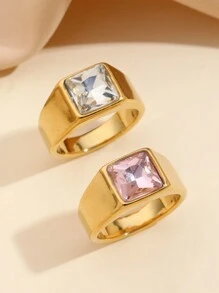 1pc Stainless Steel Fashion Minimalist Style Women's White And Pink Zirconia Cast Ring, Suitable For Women's Daily Wear Or As A Gift - Yellow Gold - View 10