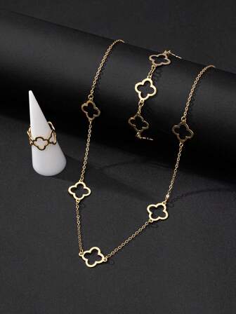 1 套简约镂空四叶草链项链手链戒指首饰套装，适合男士、婚礼/日常礼物