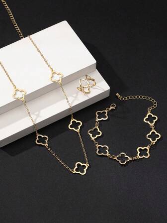 1 套简约镂空四叶草链项链手链戒指首饰套装，适合男士、婚礼/日常礼物