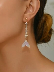 2 件时尚优雅的美人鱼尾巴形天然贝壳和人造珍珠 DIY 流苏耳环，适合女性度假和派对佩戴 - 魚尾形貝殼耳環 - 查看 4