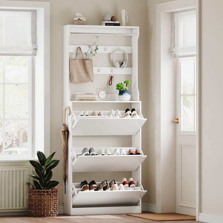 Narrow Shoe Storage Cabinet For Entryway, Slim Shoe Cabinet With Coat Rack And 3 Flip Drawers, Freestanding Hall Tree With Hidden Storage For Entryway, Hallway, Bedroom, Apartment