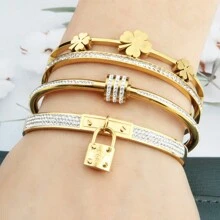 3pcs/Set Women's Jewelry Gift Set Featuring Inlaid Diamond Four-Leaf Clover Design Small Padlock & Screw Pendant Stainless Steel Bracelet