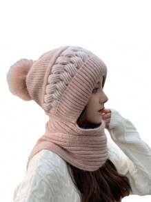 新款冬季针织拉法帽，女士保暖内衬连帽围巾一体式帽子，防风防雪滑雪面罩，时尚耳罩帽