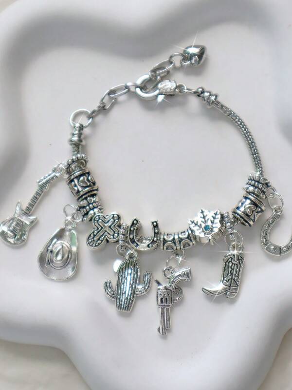 1 pieza Pulsera de estilo occidental con dijes, brazalete DIY con decoración de bota de vaquero y cactus