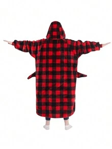 Shark Hoodie Blanket For Adult, Shark Wearable Blanket Hoodie Gifts For Women Men, Funny Blanket With Sleeves Is Funny Gift, Hooded Blanket Shark Gifts - 紅黑格子 - 查看 2