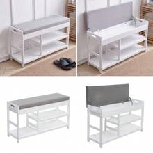 LIVINGANDHOME Living And Home 2-Tier Wood Shoe Storage Bench With Padded Seat - White - View 9