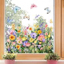 1 pieza calcomanía de ventana de vidrio estático con diseño de flores y mariposas - Multicolor - Ver 11