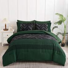 7 Pieces Grey/Blue/Black Striped Comforter Sets Queen King Bed In A Bag Warm Soft Microfiber Complete Bedding Sets With Sheet Set And Pillowcase For All Seasons - 翡翠綠 - 查看 2