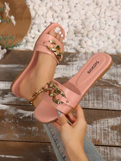 Women's Pink Strap Slip-On Slippers, Comfortable And Fashionable Summer House Slippers With Chain Buckle