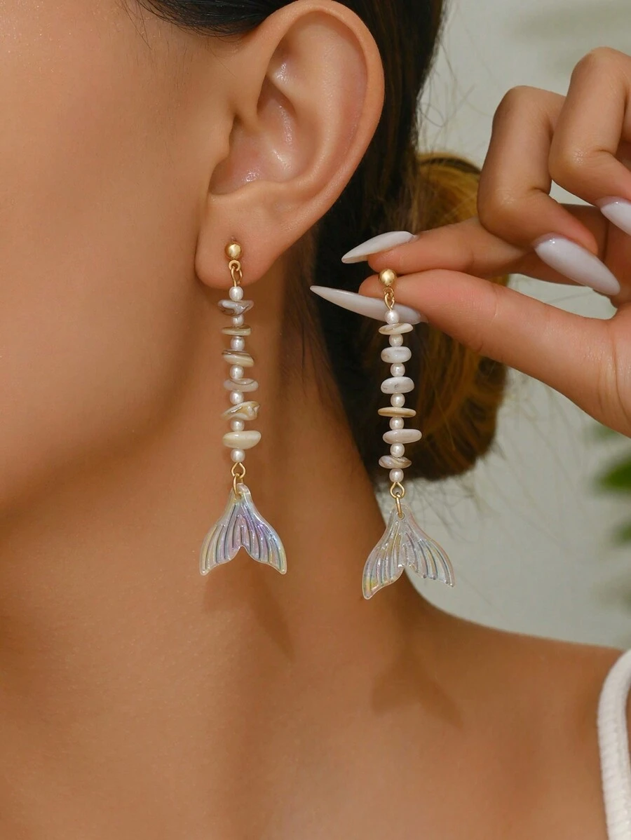 2 件时尚优雅的美人鱼尾巴形天然贝壳和人造珍珠 DIY 流苏耳环，适合女性度假和派对佩戴 - 魚尾形貝殼耳環 - 查看 1