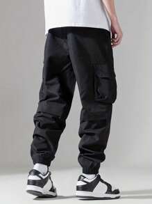 Plus Size Men's Solid Black Drawstring Pocket Casual Cargo Pants