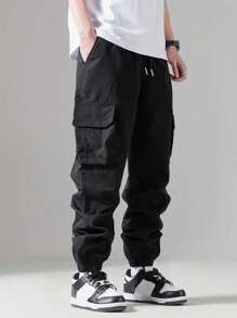 Plus Size Men's Solid Black Drawstring Pocket Casual Cargo Pants