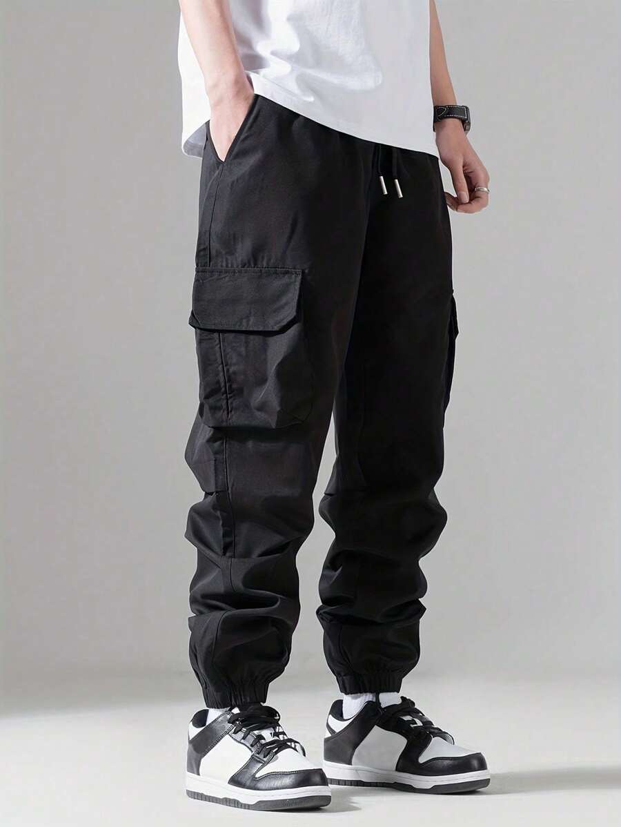 Men Plus Size Solid Black Drawstring Pocket Casual Cargo Pants, Fall - Black - View 1