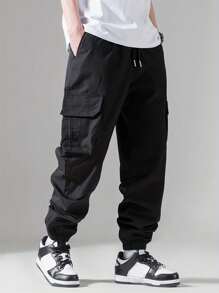 Plus Size Men's Solid Black Drawstring Pocket Casual Cargo Pants