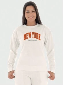 New York Printed Flannel Women's Round Neck Sweatshirt - 米色 - 查看 1