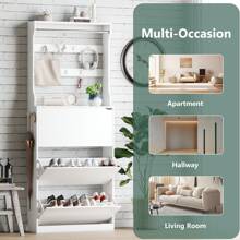 Narrow Shoe Storage Cabinet For Entryway, Slim Shoe Cabinet With Coat Rack And 3 Flip Drawers, Freestanding Hall Tree With Hidden Storage For Entryway, Hallway, Bedroom, Apartment