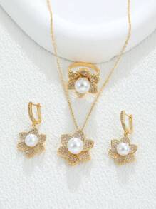 Bộ trang sức sang trọng thời trang 4 món với đá Zirconia Micro, hoa tai hoa hướng dương bằng vàng 18K, vòng cổ, nhẫn, phụ kiện cô dâu cho tiệc cưới - Vàng - Xem 2