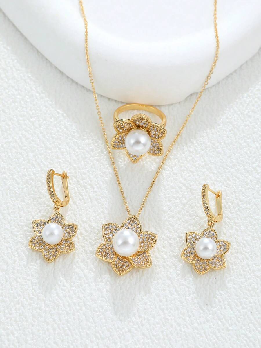 Bộ trang sức sang trọng thời trang 4 món với đá Zirconia Micro, hoa tai hoa hướng dương bằng vàng 18K, vòng cổ, nhẫn, phụ kiện cô dâu cho tiệc cưới