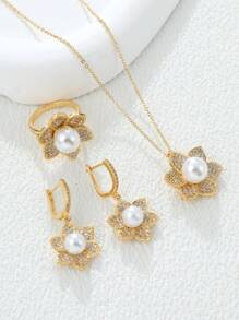 Bộ trang sức sang trọng thời trang 4 món với đá Zirconia Micro, hoa tai hoa hướng dương bằng vàng 18K, vòng cổ, nhẫn, phụ kiện cô dâu cho tiệc cưới - Vàng - Xem 3