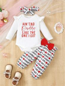 新款嬰兒女童圓領長袖字印上衣褲帶頭帶套裝，心形印花蝴蝶結，3入組 - 白色 - 查看 1