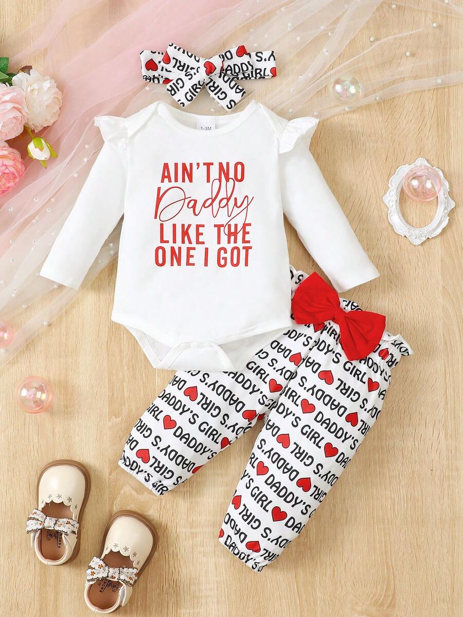 新款嬰兒女童圓領長袖字印上衣褲帶頭帶套裝，心形印花蝴蝶結，3入組 - 白色 - 查看 1