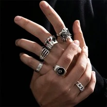 Men's Gothic Punk Rings Vintage Silver Open Ring Bulky Hippie Rings Cool Gothic Ring, Statement Stacking Ring For Men - Multicolor - View 16