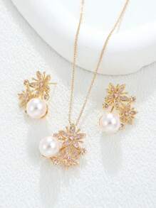 3 件套优雅铜方晶锆石花朵和珍珠耳环、吊坠项链首饰套装，非常适合新娘、婚礼、订婚、派对 - 耳環項鍊三件套裝 - 查看 4