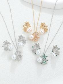 3 件套优雅铜方晶锆石花朵和珍珠耳环、吊坠项链首饰套装，非常适合新娘、婚礼、订婚、派对 - 耳環項鍊三件套裝 - 查看 2