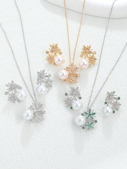 3 件套优雅铜方晶锆石花朵和珍珠耳环、吊坠项链首饰套装，非常适合新娘、婚礼、订婚、派对