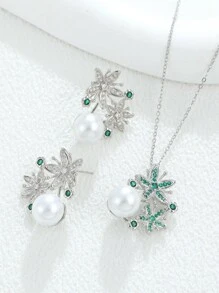 3 件套优雅铜方晶锆石花朵和珍珠耳环、吊坠项链首饰套装，非常适合新娘、婚礼、订婚、派对 - 耳環項鍊三件套裝 - 查看 10