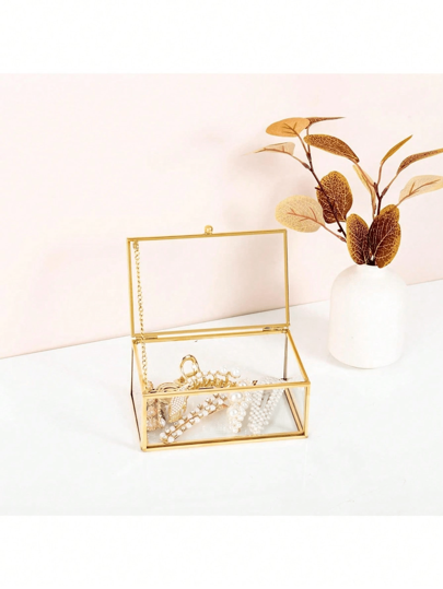 1PC Glass Jewellery Box Clear Trinket Box Vanity Rings Earrings Box Organizer Display Case Decorative Keepsake Box With Lid For Home Wedding Birthday Gift (Gold)-(Chain Style Is Random) Back To School