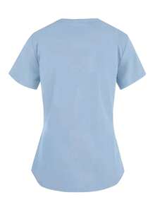 1pc Blue V-Neck Nurse Top With Smile Pattern, Breathable Scrub Uniform Top