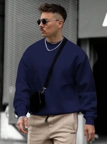 男士纯色圆领长袖套头运动衫，休闲日常穿着 - 藏蓝色 - 查看 5